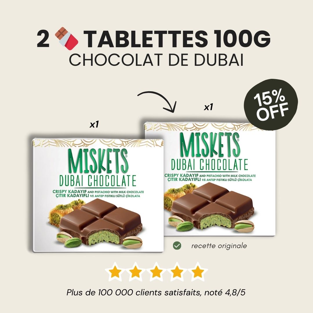 2 tablettes 100g - Chocolat de Dubai Miskets - L'Original & Viral, barre gourmande pistache & kunacha