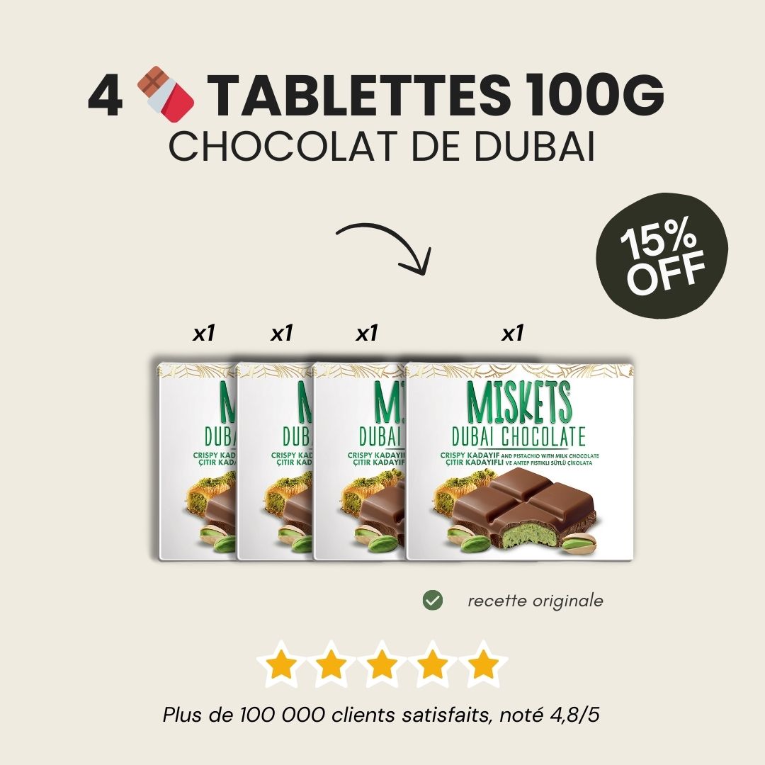 4 tablettes 100g - Chocolat de Dubai Miskets - L'Original & Viral, barre gourmande pistache & kunacha
